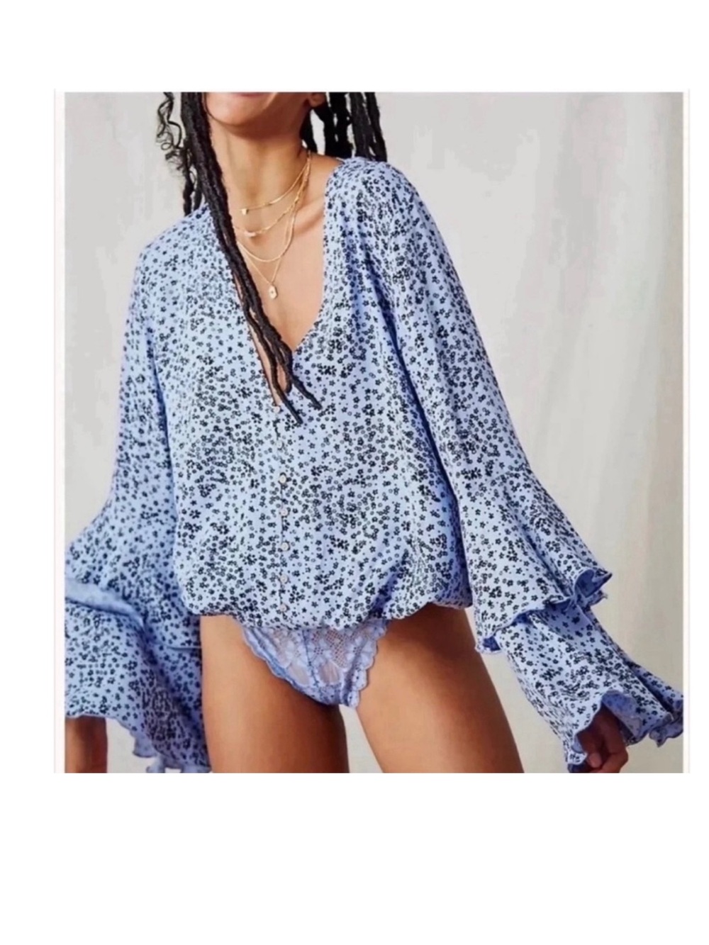 FREE PEOPLE Blue Ditsy Lace Floral Bohemian Layered Bell Sleeve Bodysuit L